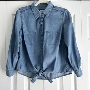 Style & Co Denim Shirt Size PM Blue Medium Wash Tie Front Western Style Cotton